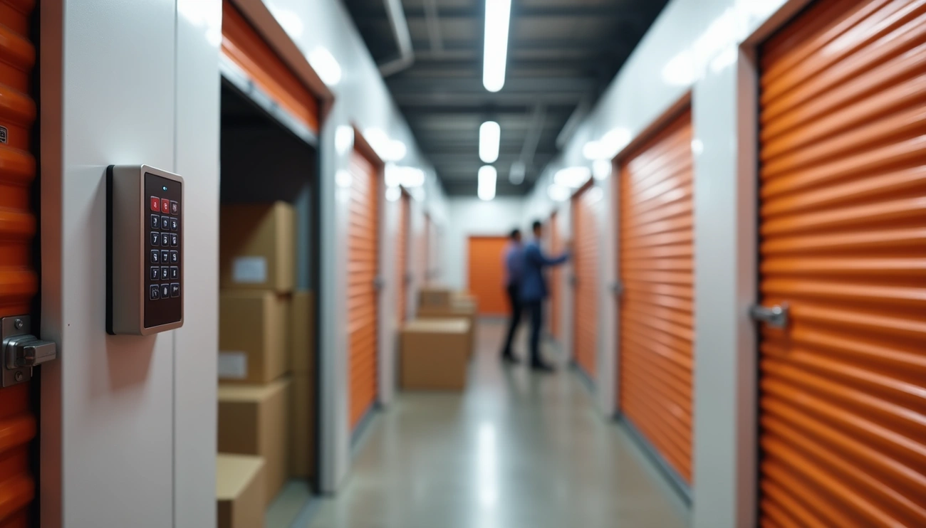 Interior corridor of a self storage facility in Penang with orange doors, cardboard boxes, and two people accessing units.
