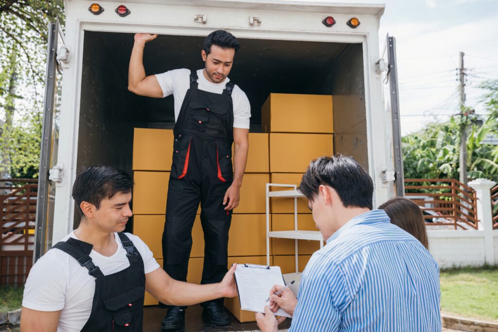 Three movers in blue uniforms wrapping a glass table inside a bright apartment with a moving truck and packed boxes nearby. Movers singapore